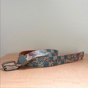 Vintage Ed Hardy Leather Blue Checkered Belt Y2K M